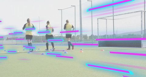Women Field Hockey Players Running Tactical Drill with Neon Magenta Cyan Glitch Overlay on Turf