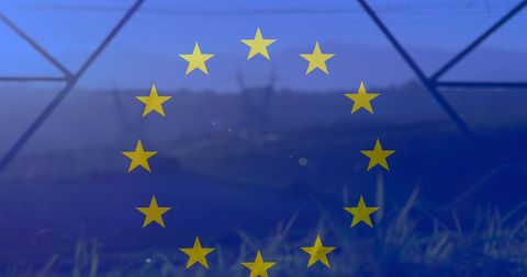 EU Flag Overlaid on Transmission Pylons Symbolizing Energy and Politics