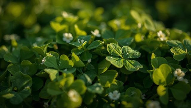 Sunlit clover groundcover with dew-kissed leaves and tiny white blooms, closeup botanical texture
