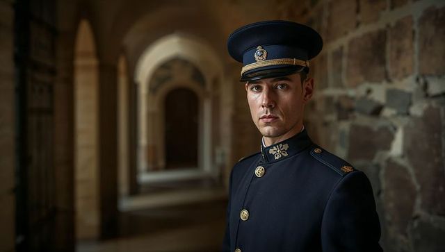 Young Military Officer in Grand Architectural Corridor