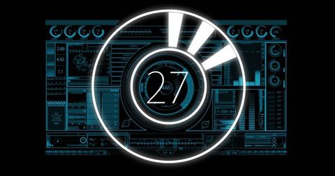 Futuristic hud countdown display showing neon cyan telemetry, diagnostics and progress ring