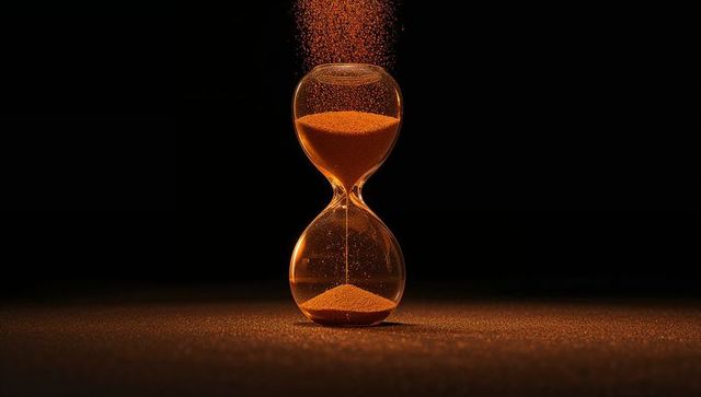 Glowing orange hourglass pouring sand under warm spotlight on textured surface