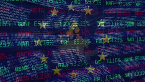 European Union Flag with Overlapping Financial Data and Graphs