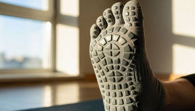 Sunlit gray non-slip toe socks showing textured grip sole on yoga mat hardwood floor
