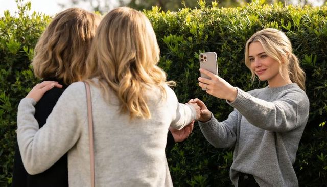 Friends taking selfie in backyard hedge wearing cozy knits and sharing warm smiles