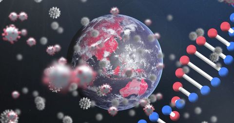 3d dna strand with coronavirus cells around globe
