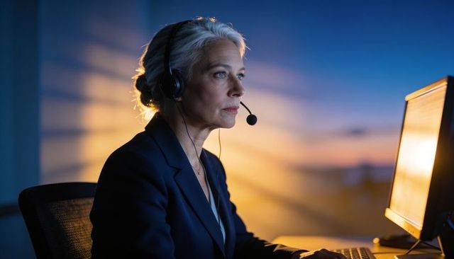 Senior professional woman wearing headset and blazer working at computer during sunset