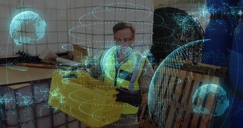 Warehouse Worker Utilizing Futuristic Holographic Technology in Logistics