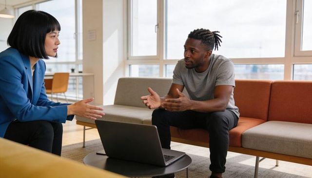 Two professionals collaborating in office lounge using laptop for project discussion