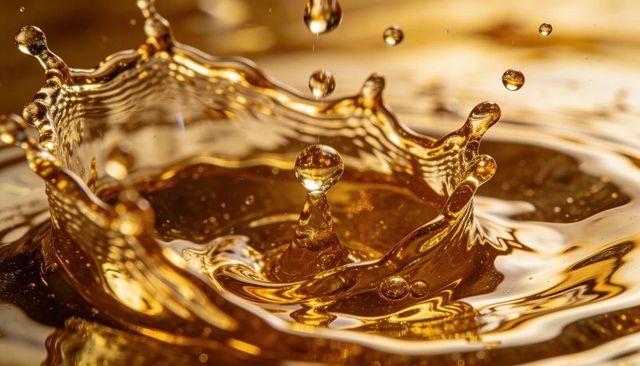 Golden liquid crown splash macro, high-speed amber droplet capturing reflective motion