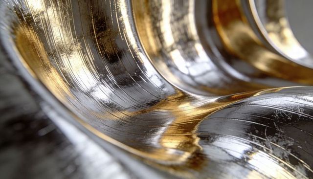 Macro curved machined metal with gold patina and reflective grooves for luxury design