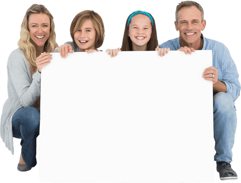 Smiling Family Holding Transparent Blank Billboard