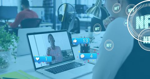Remote Work Meeting with Social Media Engagement in Modern Office - Download Free Stock Images Pikwizard.com