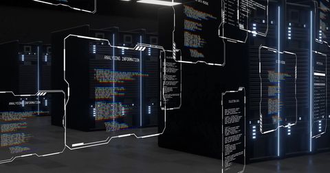 Futuristic digital data processing in dark server room