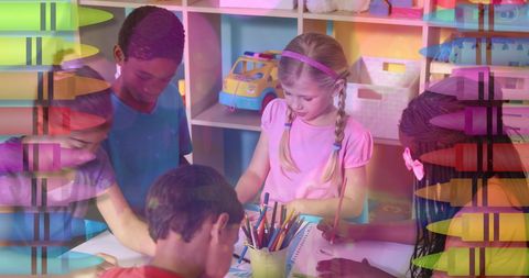 Diverse Children Collaborating With School Supplies in Classroom Setting