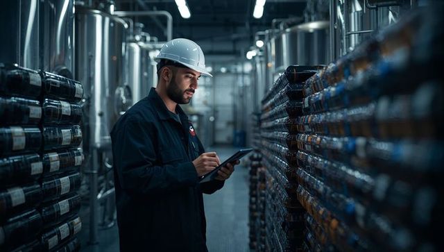 Inspecting bottling operations using tablet, technician in hard hat and dark coveralls