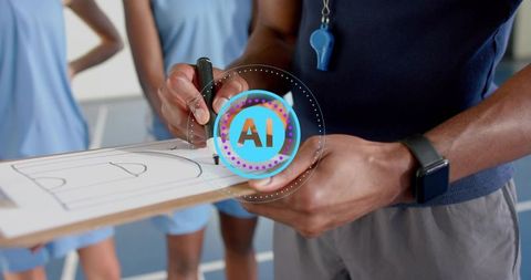 Basketball coach drawing play on clipboard with whistle and players in blue uniforms