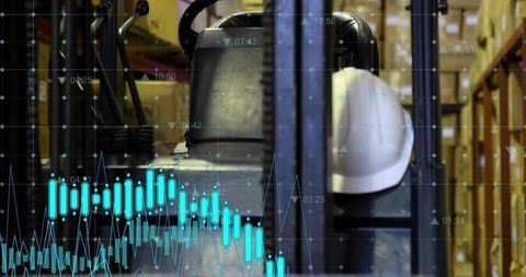 Warehouse forklift innovation with data dashboard overlay
