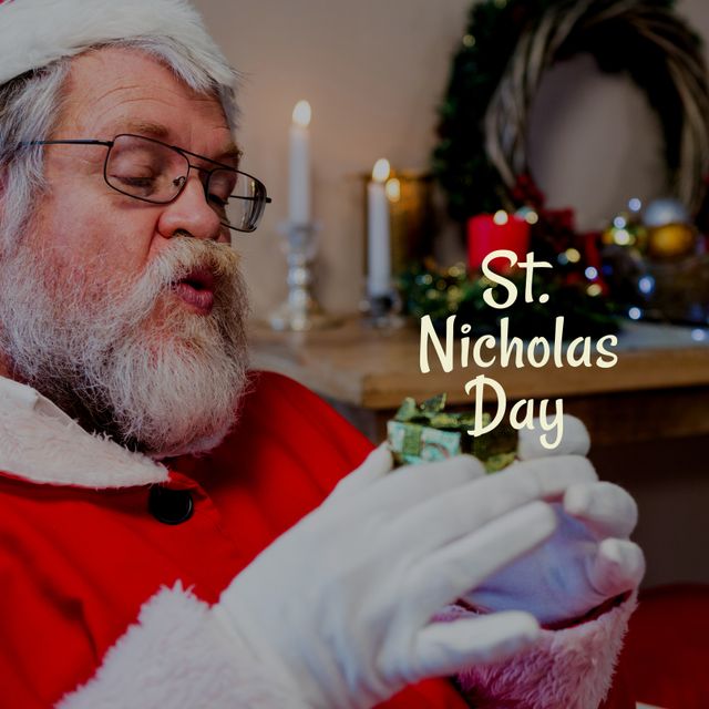 Santa Claus is depicted holding a small gift while sitting beside a candlelit arrangement, emphasizing the joy and warmth of St. Nicholas Day. Perfect for holiday-themed promotions, greeting cards, festive banners, and social media posts. This image captures the traditional spirit and joyful giving nature of the holiday season, ideal for engaging viewers and spreading cheer.