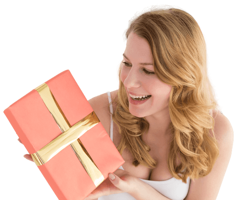 smiling woman holding wrapped gift with gold ribbon - Download Free Stock Videos Pikwizard.com