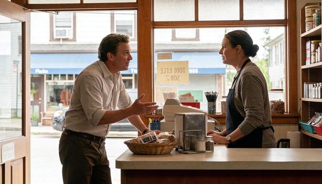 Customer discussing order with shopkeeper behind counter at small-town bakery during busy morning