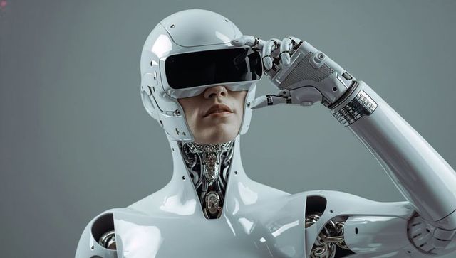 Adjusting glossy white android visor showing exposed mechanical neck and robotic hand