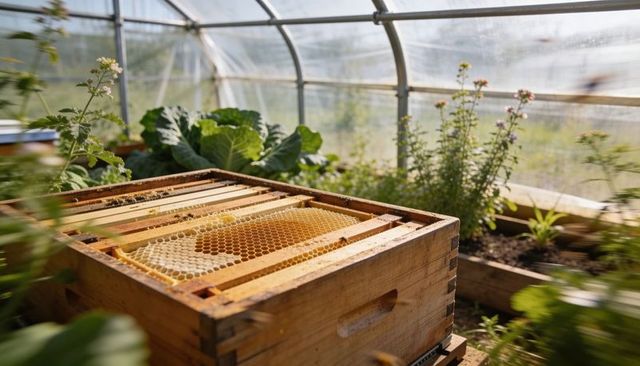 Wooden beehive displaying exposed honeycomb in hoop greenhouse with raised beds