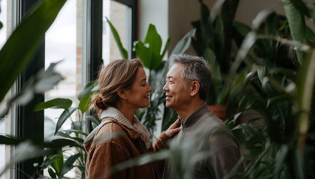 Sunlit conservatory couple sharing intimate moment among lush indoor plants