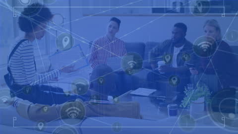 Diverse Team Meeting with Digital Innovation Interface Overlay