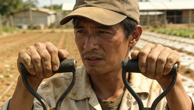 Farm worker gripping metal shovel handles wearing cap and dirty shirt rural labor portrait