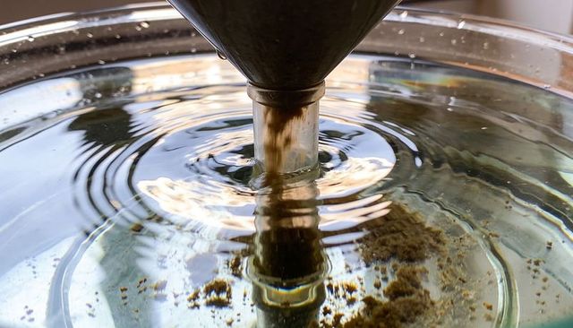 Closeup funnel pouring brown particles into water creating ripples and suspension plume