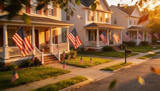 Displaying american flags on sunlit suburban porches for patriotic neighborhood pride