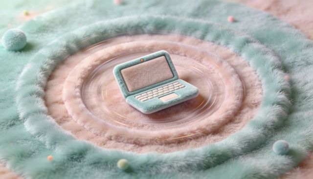 Plush mint mini laptop on glossy concentric fur rings with pastel gold accents