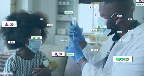 Pediatric doctor preparing vaccine for masked child during home visit holding teddy