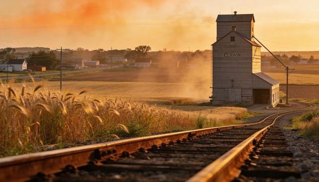 Golden hour railroad leading toward weathered grain elevator over wheat fields at sunset