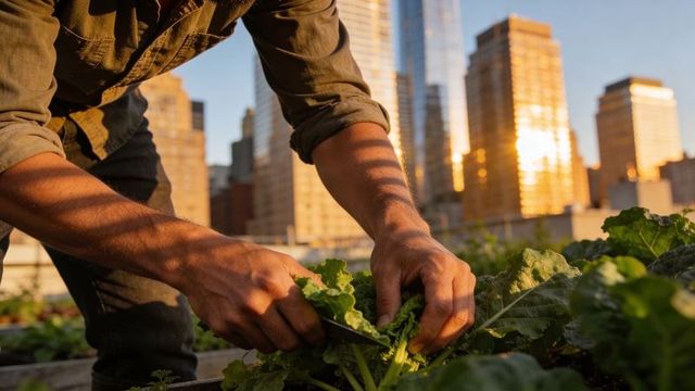 Rooftop gardener harvesting leafy greens at golden hour with city skyline