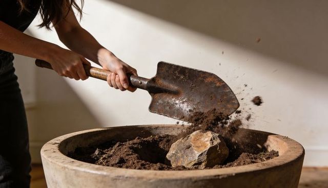 Woman shoveling soil into indoor planter with rusty shovel and rock in sunlight
