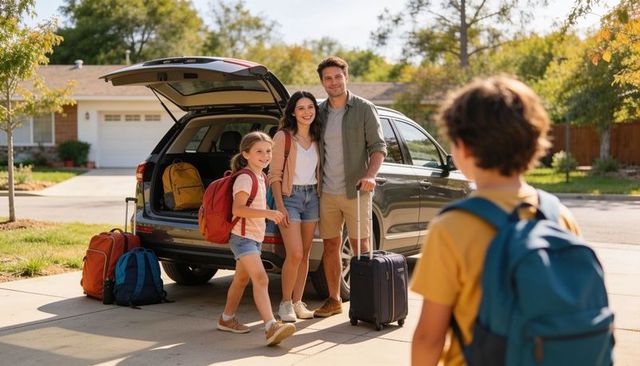 Family packing suv for summer road trip in suburban driveway, luggage and backpacks