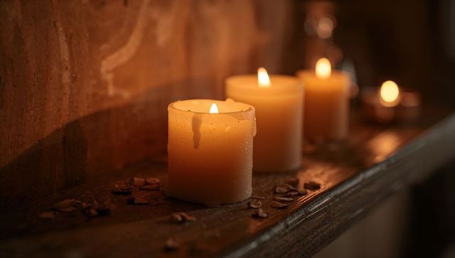 Glowing pillar candles casting warm amber light with wax drips on rustic wooden shelf