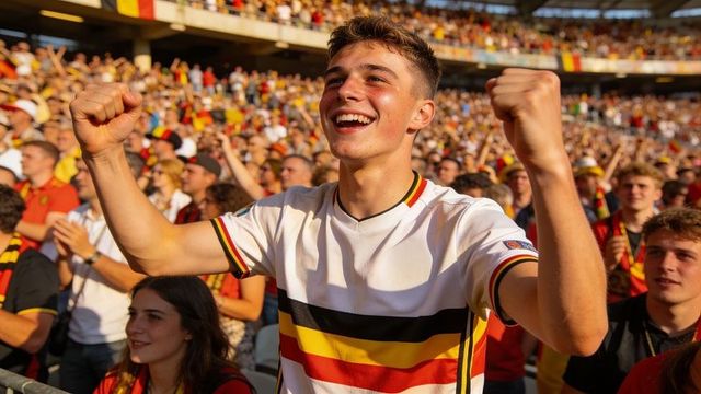Cheering young fan raising fists in packed stadium wearing german stripe jersey