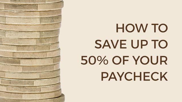 Image showing a stack of coins and text discussing how to save up to 50% of your paycheck. Ideal for financial blogs, educational content on saving strategies, and articles about personal budgeting. Perfect for promoting financial literacy campaigns and money management workshops.