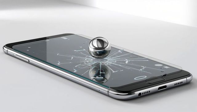 Smartphone screen showing radial cracks under reflective metal sphere, glass protector