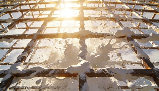 Backlit rusted rebar grid streaming white slurry and droplets with sun flare texture