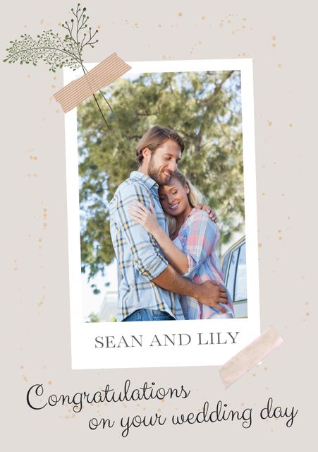This congratulatory card features a smiling Caucasian couple embracing outdoors. A perfect design for celebrating weddings, engagements, or anniversaries. Suitable for both digital and print use, the warm and romantic aesthetic embodies love and joy, making it an ideal choice for wedding congratulations messages and personalized greeting cards.