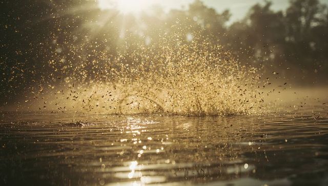 Golden-hour water spray scattering sunlight across misty lake surface with sparkling bokeh