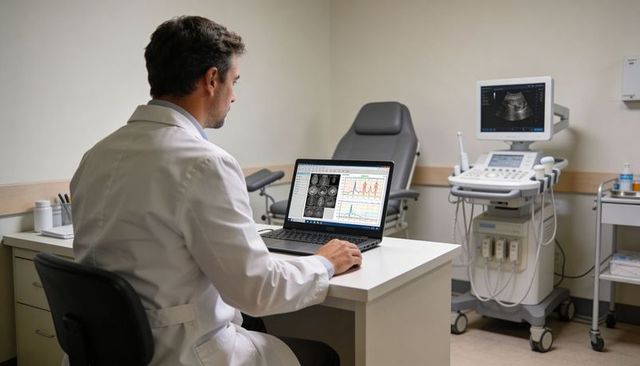 Doctor reviewing scans on laptop in ultrasound exam room with medical equipment