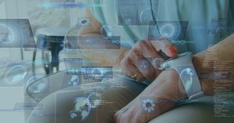 Senior Woman Using Smartwatch with Virtual Reality Interface