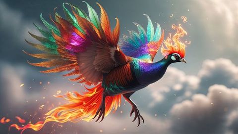 Mythical flaming bird animal soaring among vibrant colorful clouds