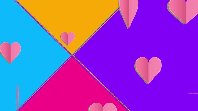 Bright and playful, this animated background features colorful geometric shapes with pink hearts. Ideal for adding a fun, modern touch to digital content, presentations, and multimedia projects. Perfect for use in Valentine's Day promotions, graphic design projects, social media posts, or greeting card designs.