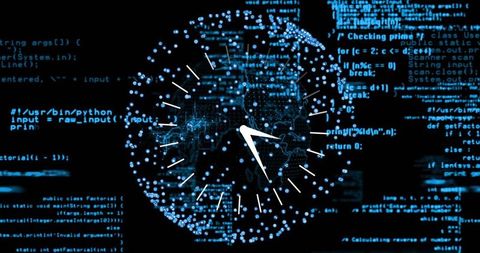 Pulsing dotted digital globe projecting rotating clock hands over cyber code matrix sync